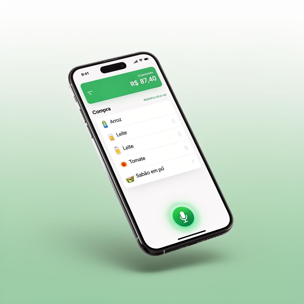 Aplicativo Meu Lar em um iPhone exibindo lista de compras categorizada